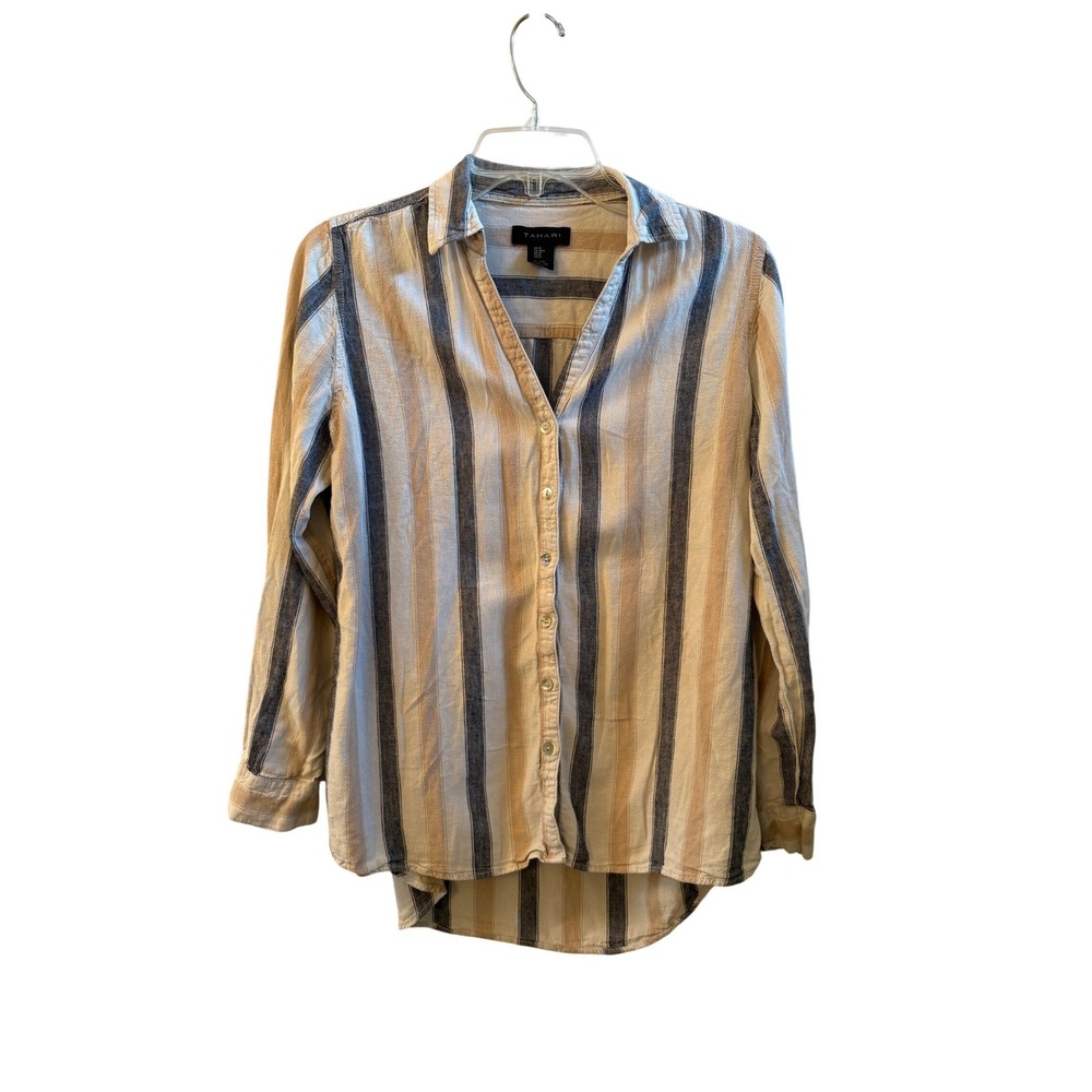 Tahari Womens Linen Blend Striped Roll Tab Button Down Shirt‎ Coastal Medium
